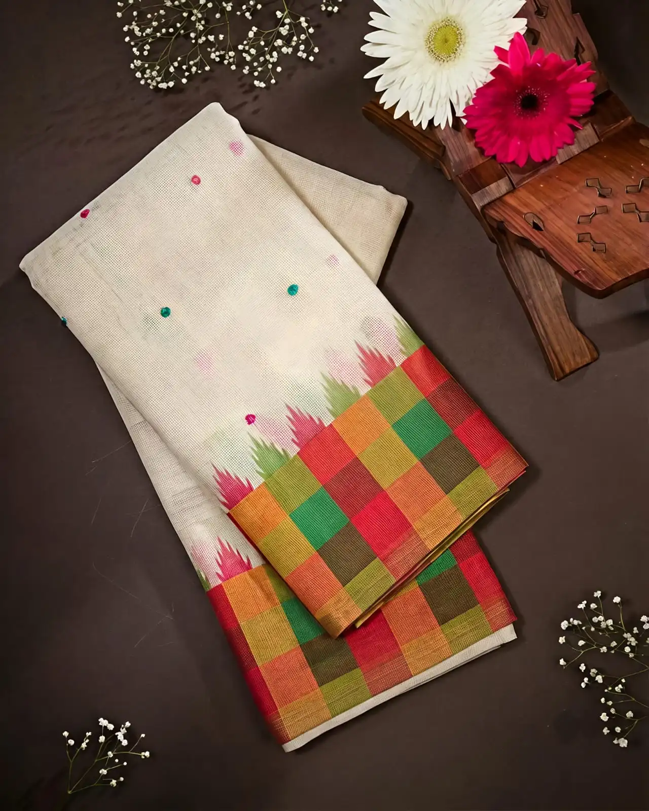 Off - White Linen Multi-checks Pattern Saree